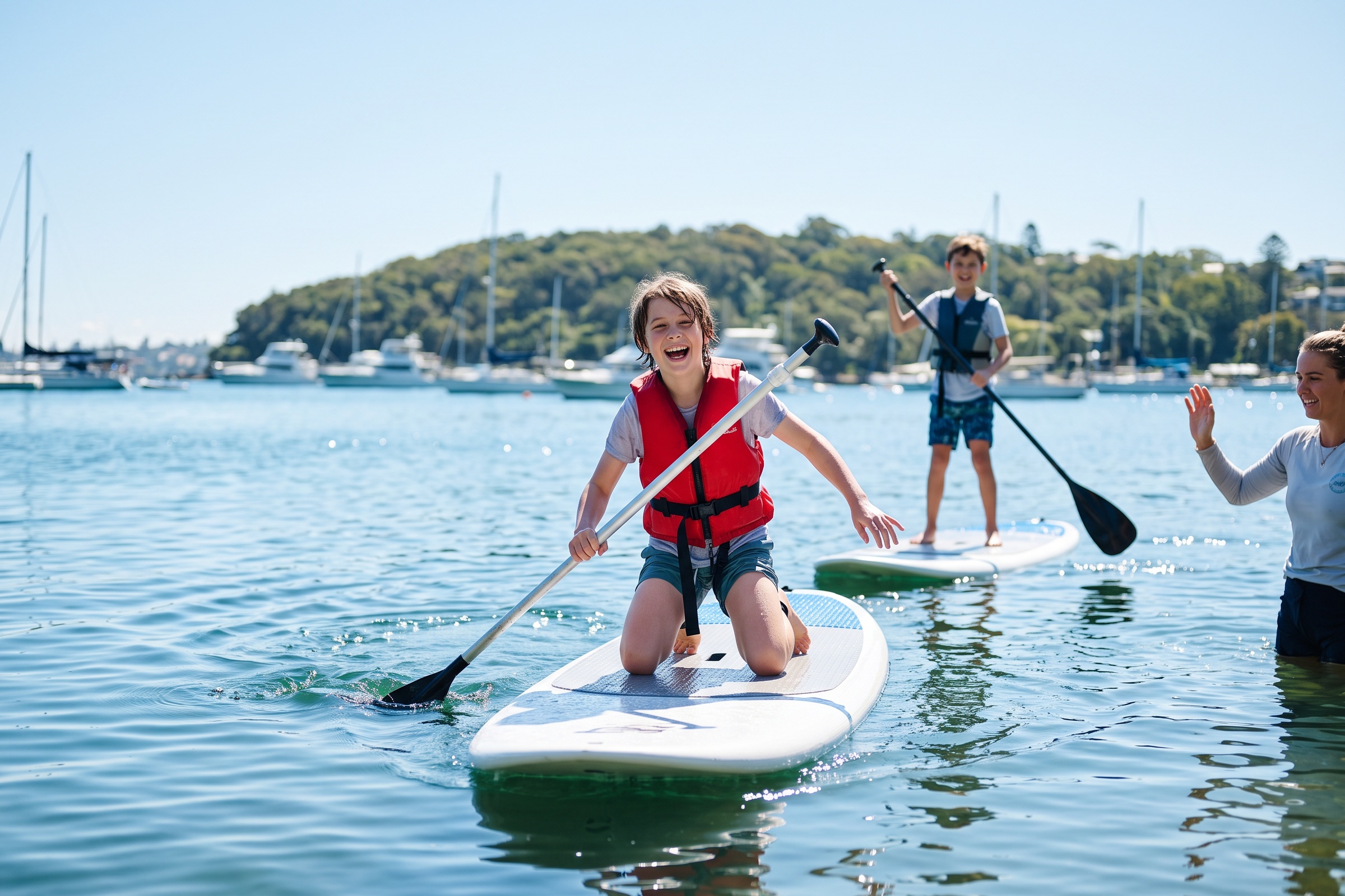 A child paddleboarding in a sheltered cove at Rose Bay