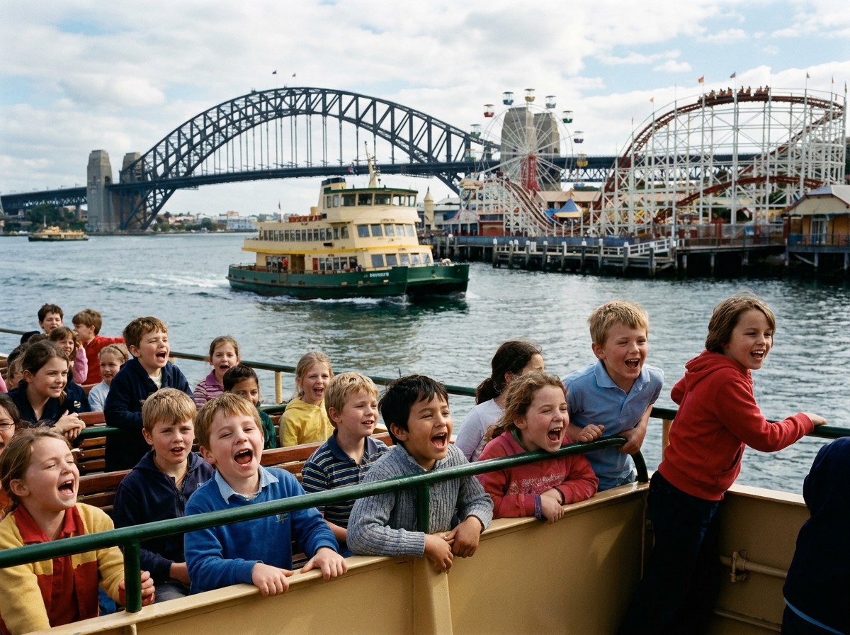 Children on the ferry deck crossing Sydney Harbour