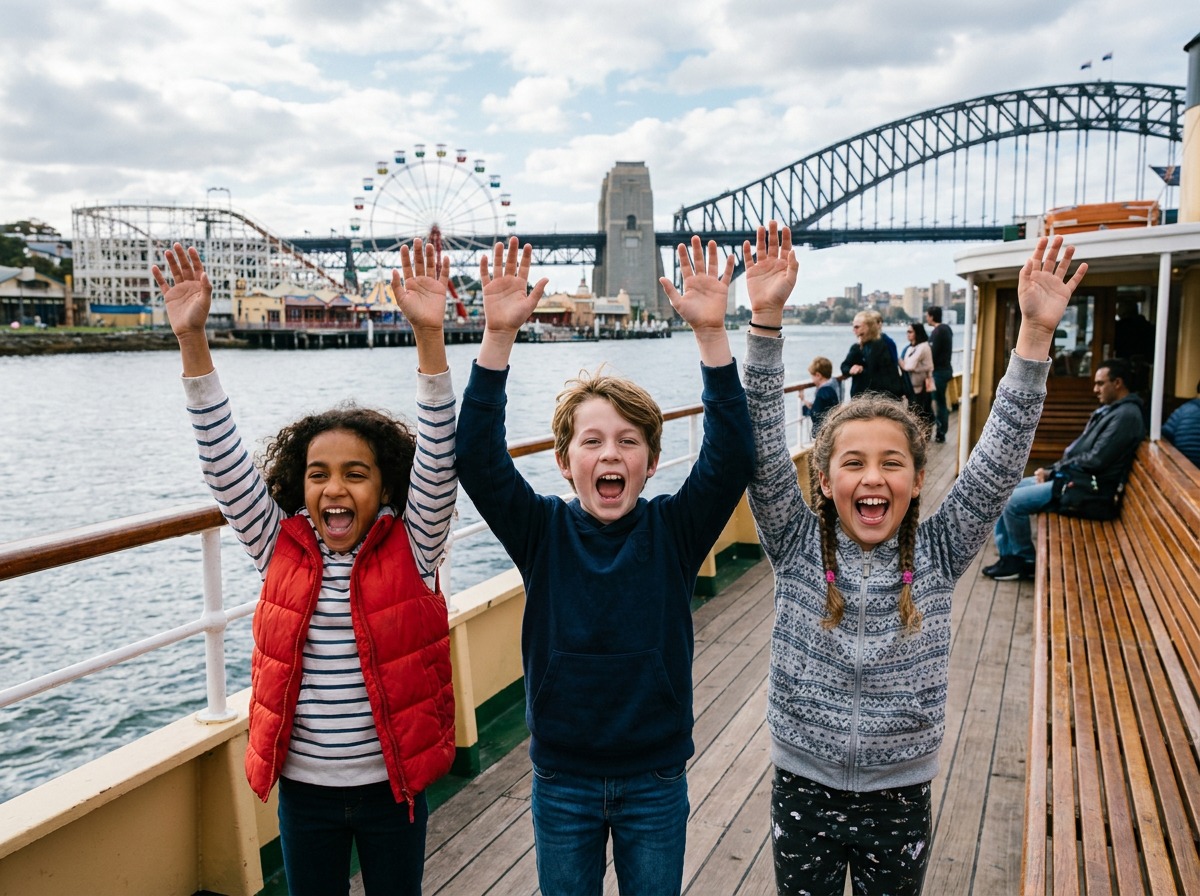 Children with their hands up on a ride at Luna Park