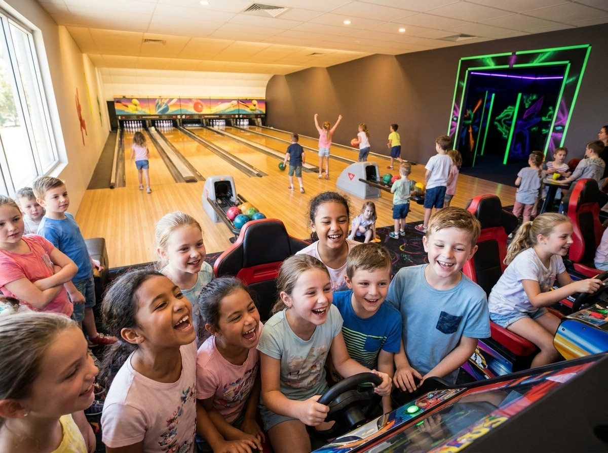 Children in the blacklit laser tag arena