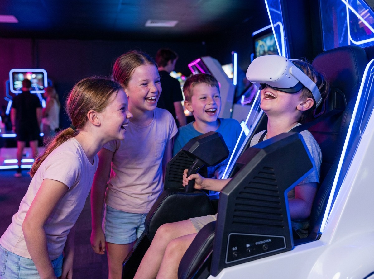 A group laughing between VR sessions