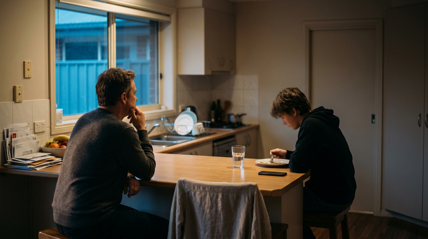 A parent and teenager in the kitchen in the evening, not talking