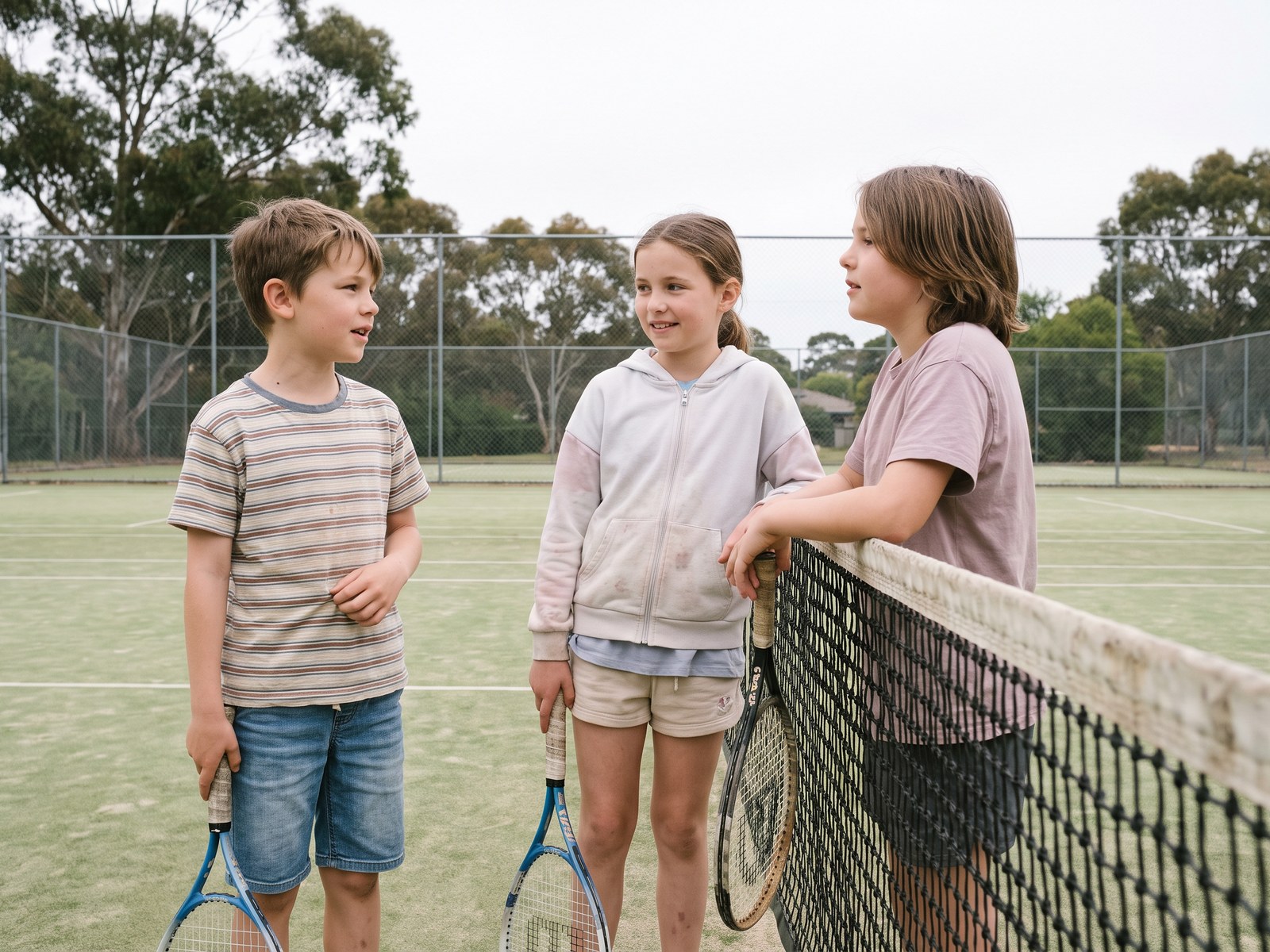 Children with racquets at the net on the tennis court