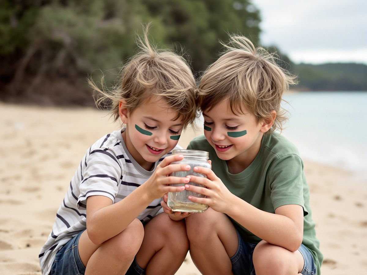 Two children with faces camouflaged, looking into a jar they have just filled