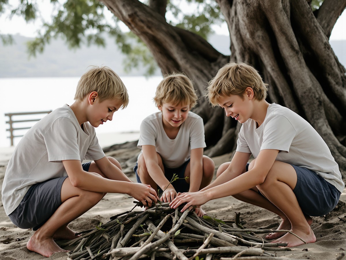Children building an animal habitat from sticks and bark under the trees
