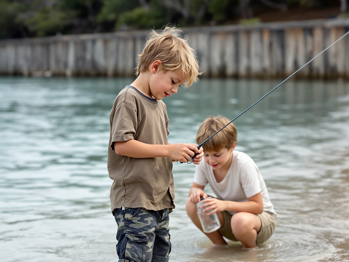 A child on a hand-reel at the water's edge while another checks a sample jar