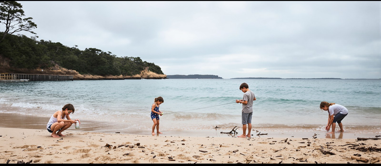 Children spread along the sand at Clifton Gardens, jars and hand-reels in hand