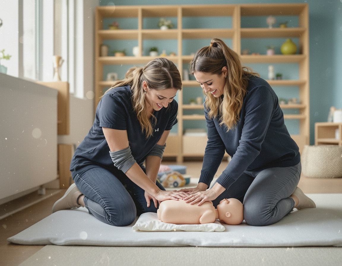 Two early childhood educators practising infant CPR on a first aid training manikin during an on-site first aid course