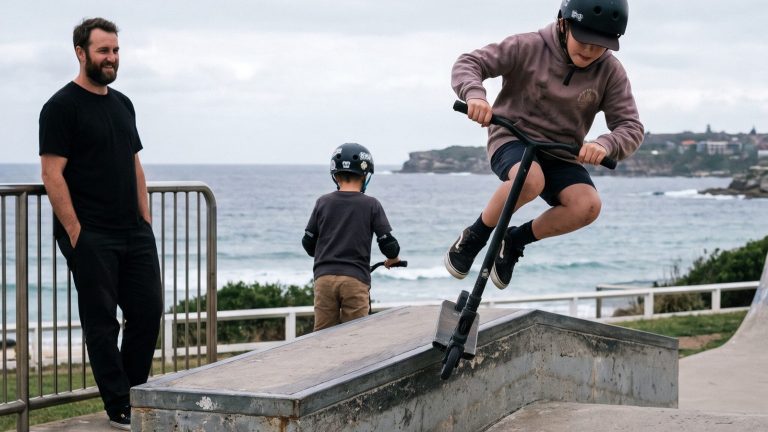 Children riding scooters outside the WAYS centre in North Bondi