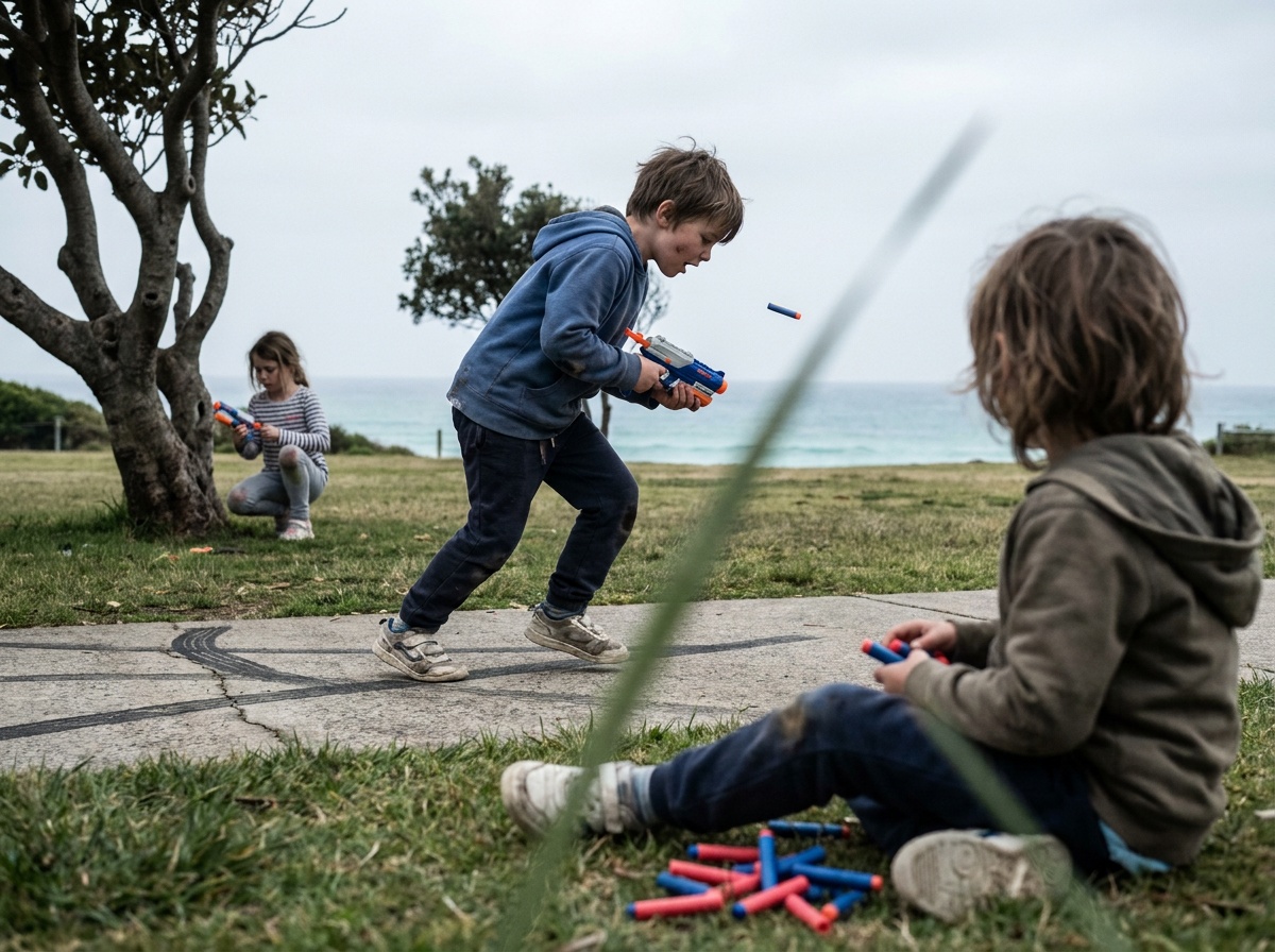 Children playing Nerf in a park