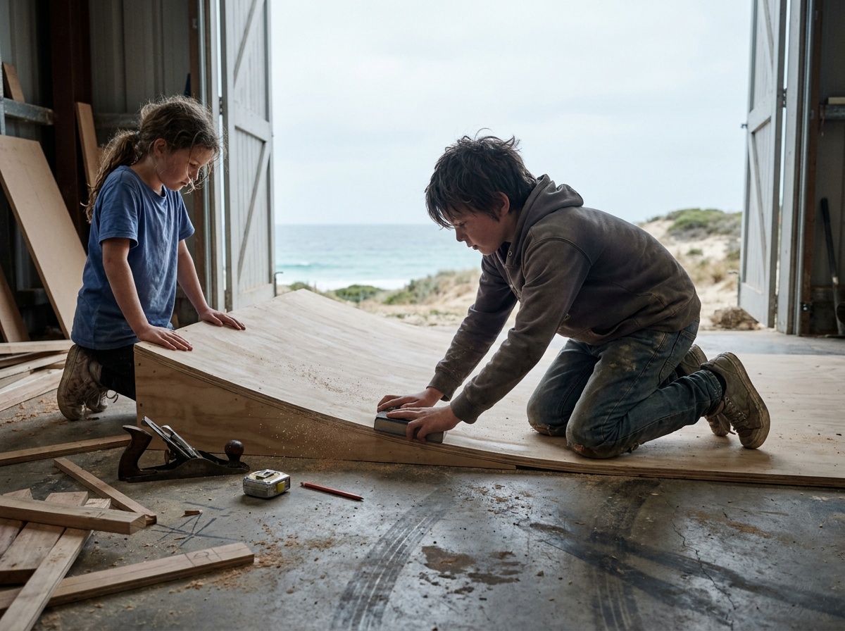 Children building a skate ramp with hand tools